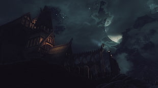 brown house illustration, The Elder Scrolls V: Skyrim, video games, Whiterun, night sky HD wallpaper