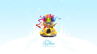 Santa Claus riding car full of gifts Happy Christmas greeting wallpaper HD wallpaper