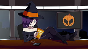 witch sitting on task chair illustration, Zone-tan, Zone-sama, Halloween HD wallpaper