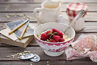 white and red bowl with raspberry HD wallpaper
