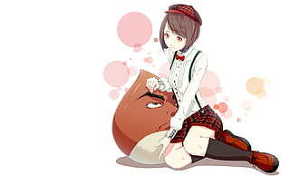 female anime character on brown monster anime character digital wallpaper HD wallpaper