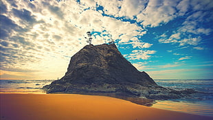 brown rock mountain on body of water, nature, sunset, sea, sky