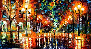 multicolored streetlight painting, street, colorful, umbrella, Leonid Afremov HD wallpaper