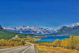 gray mountains, landscape, Abraham Lake, Canada, road