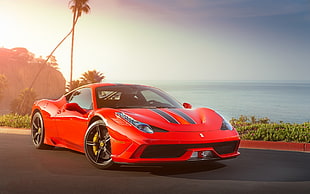 red coupe, car, Ferrari, sea HD wallpaper
