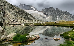 gray mountain near lake, landscape, mountains, nature, reflection HD wallpaper
