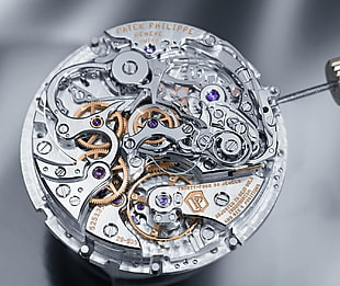 round silver-colored skeleton watch, watch, Patek Philippe, clockwork HD wallpaper