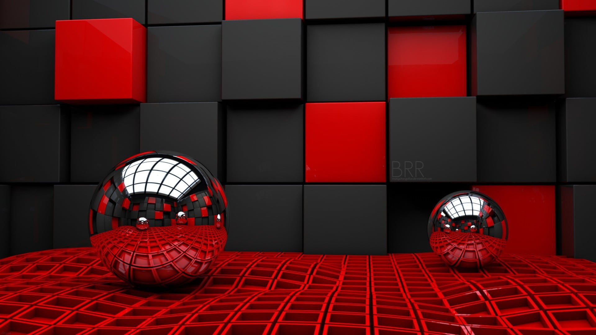 two chrome balls in red and black room