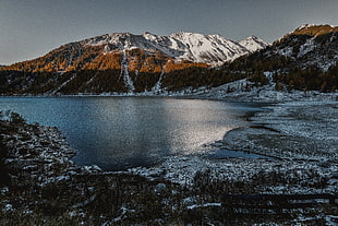 mountain covered by snow, nature, mountains, trees, water