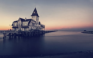 white and black wooden cathedral, water, sea, house, pier HD wallpaper