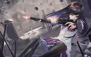 black haired female anime character with purple and white holding two guns digital wallpaper, Mahou Shoujo Madoka Magica, Akemi Homura HD wallpaper