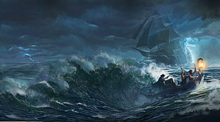 painting of people on boat, sea, boat, storm, pirates HD wallpaper