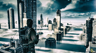 man wearing suit and backpack facing buildings digital wallpaper, spec ops the line, fan art, skyscraper, video games HD wallpaper