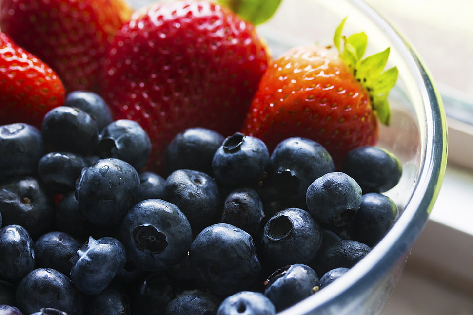 bowl of blueberries and strawberries HD wallpaper
