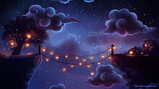 string bridge with lights between mountain artwork, clouds, artwork, lantern, bridge HD wallpaper