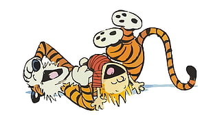 boy and tiger laughing illustration, Calvin and Hobbes HD wallpaper
