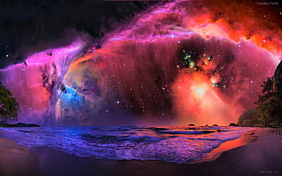 red and purple Northern light, space, digital art, beach, sky