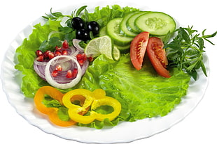 mixed vegetable salad served on white ceramic plate HD wallpaper