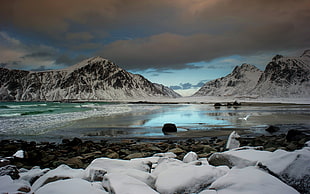 snowy seashore and mountain