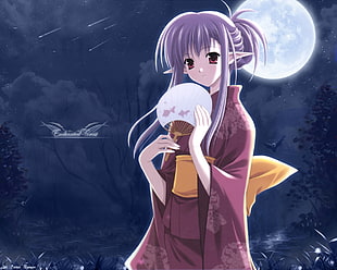 purple haired elf wearing kimono under the bright full moon during night time HD wallpaper