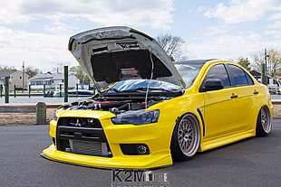 yellow sedan, tuning, car, yellow cars, Mitsubishi Lancer Evo X HD wallpaper
