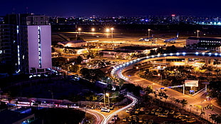 cityscape aerial view, airport, night, Vietnam HD wallpaper