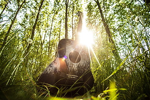 black wooden acoustic guitar with sunlight on grasses