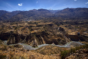 aerial photo of mountains under blue sky, peru HD wallpaper