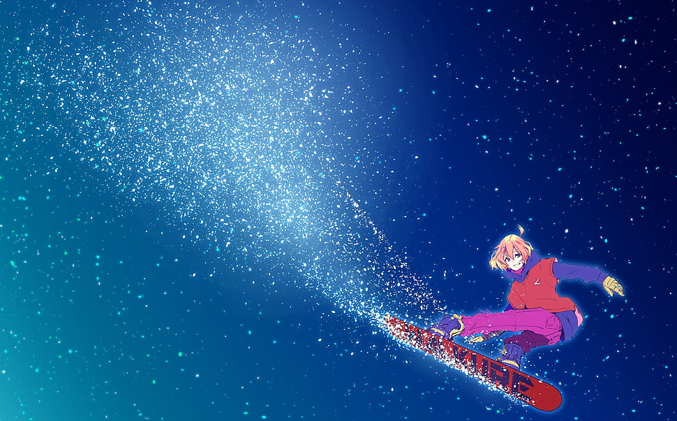 female on snowboard anime character illustration, anime, anime girls, snowboarding, Macross Delta HD wallpaper