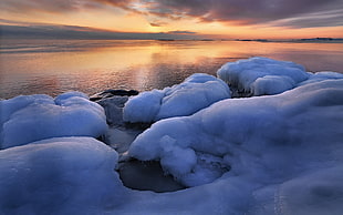 blue and white stone fragment, water, ice, landscape, calm