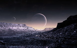 mountains overlooking two planets HD wallpaper