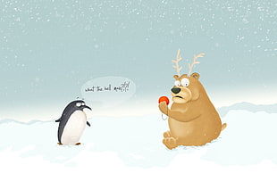 penguin and deer illustration HD wallpaper