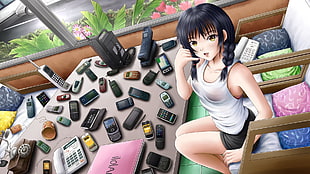 female anime in room full of phones HD wallpaper