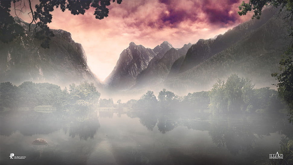 body of water, mist, landscape, mountains HD wallpaper