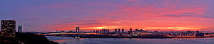 grey suspension bridge, New York City, triple screen, sunset