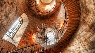 spiral brown stairs, interior, sunlight, HDR, staircase HD wallpaper