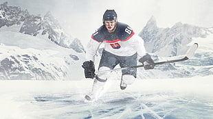 man wearing white and blue ice hockey uniform holding hockey stick painting HD wallpaper