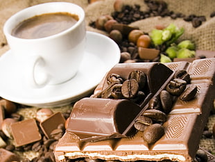 chocolate bar near cup of coffee HD wallpaper