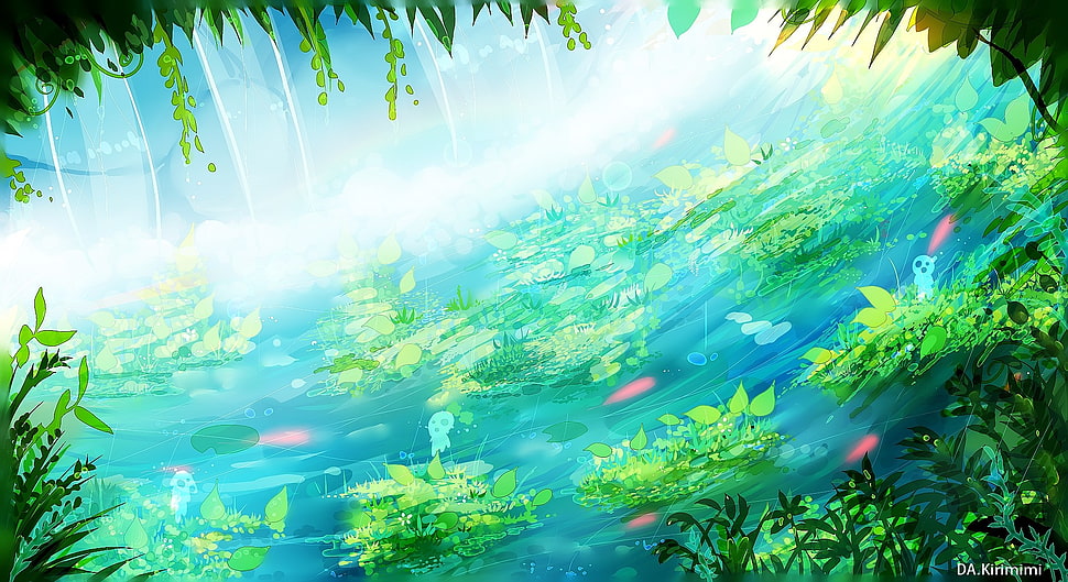 green leaves on body of water during daytime illustration HD wallpaper