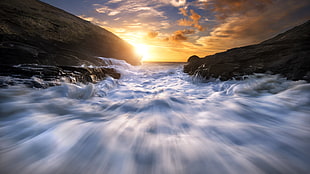 white river, photography, nature, sunset, long exposure HD wallpaper