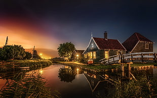 brown and white wooden house, villages, sunset, HDR, lights HD wallpaper