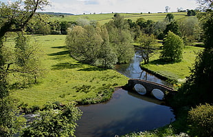 landscape photography of grassland with river and stone bridge during daytime HD wallpaper