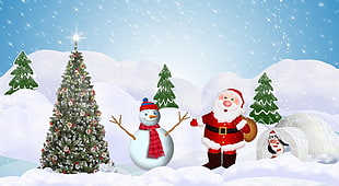 Santa Claus and Snow Man illustration HD wallpaper