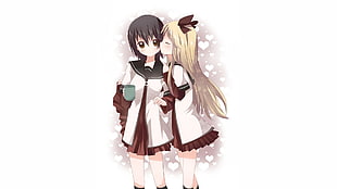 yellow haired anime girl kissing black haired girl holding green coffee mug