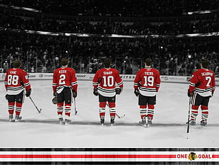 five red-and-white ice hockey jerseys, Chicago Blackhawks, ice hockey, sport  HD wallpaper
