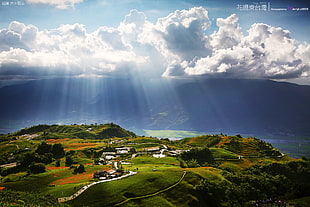 areal photography of town with cumulus nimbus clouds and god rays, taiwan HD wallpaper