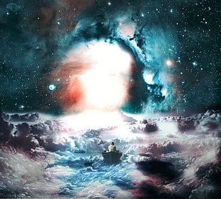 cloud and stars artwork, galaxy, sailing, space, boat