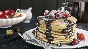 pancake with strawberries and chocolate syrup, food, fruit, berries, pancakes HD wallpaper