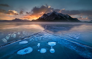 black mountain, nature, landscape, frozen lake, mountains