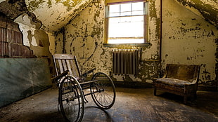 black and gray wheelchair, ruin, abandoned HD wallpaper